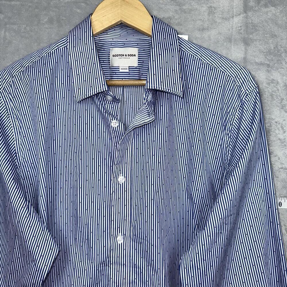 Scotch & Soda Men Blue Stripe Stretch Dress Shirt Size 18 35/36 Red Dots Casual